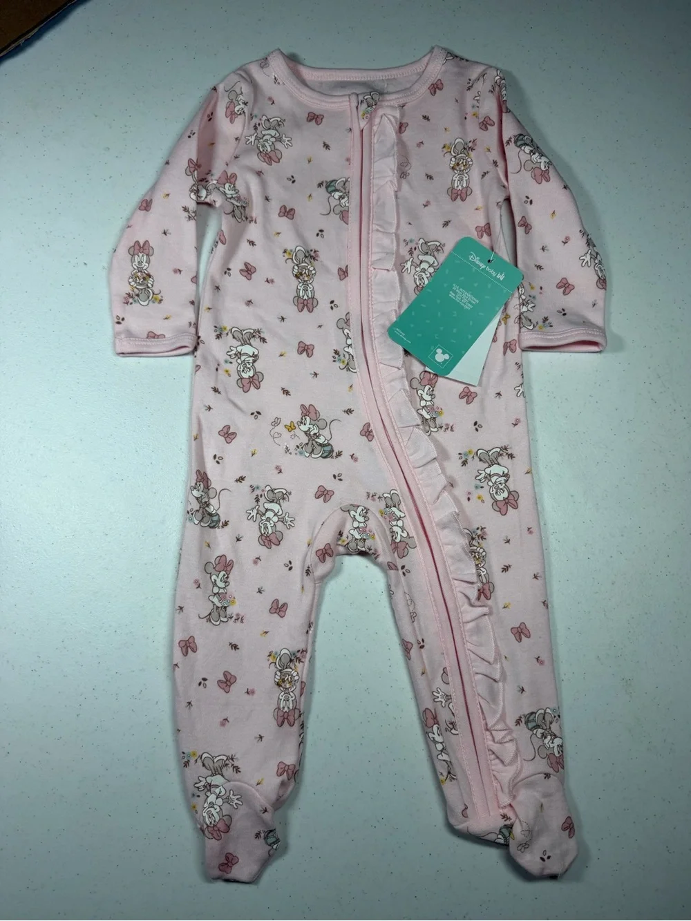 Disney Pink Minnie Mouse Ruffle Zip Footed One-Piece Size 6/9 months